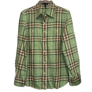 LRL Lauren Jeans Co Plaid Button Up Shirt Green Cotton Tabbed Sleeve Medium